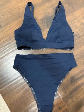 Onewith Navy Plunge Triangle Bikini Set with High-Waist Bottoms
